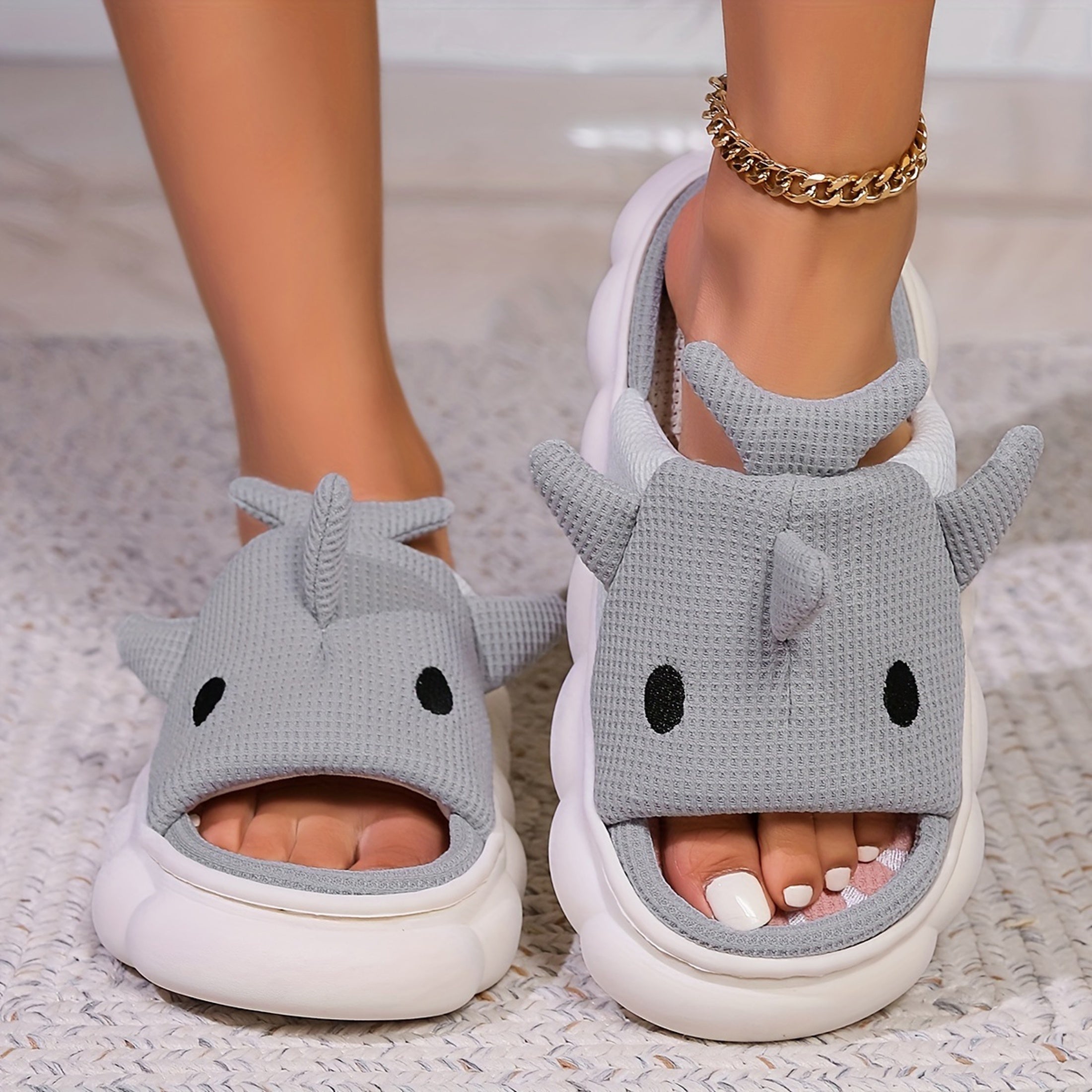 Women's Cartoon Shark Graphic Design Home Slippers With Linen Uppers, Lightweight Slip On Indoor Shoes, Spring Summer And Autumn